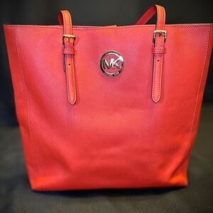 Michael Kors Red Leather Tote with Silver Hardware